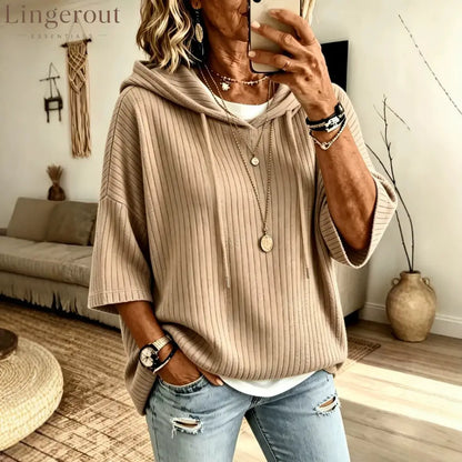 Vertical Rib Knit Drawstring Hooded Elbow Sleeve Casual Knit Top