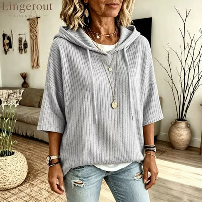 Vertical Rib Knit Drawstring Hooded Elbow Sleeve Casual Knit Top