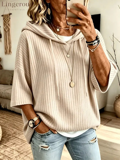 Vertical Rib Knit Drawstring Hooded Elbow Sleeve Casual Knit Top - Apricot / S