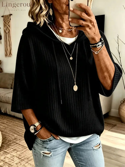 Vertical Rib Knit Drawstring Hooded Elbow Sleeve Casual Knit Top - Black / S