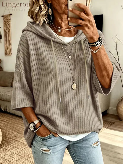 Vertical Rib Knit Drawstring Hooded Elbow Sleeve Casual Knit Top - Khaki / S