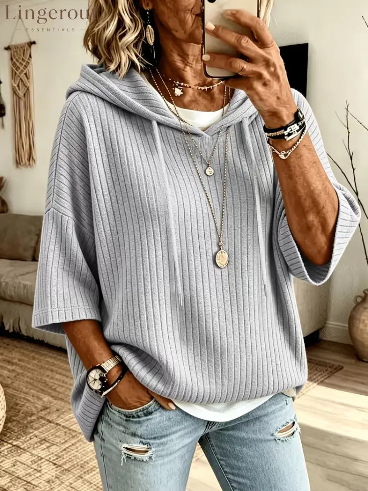 Vertical Rib Knit Drawstring Hooded Elbow Sleeve Casual Knit Top - Light gray / S