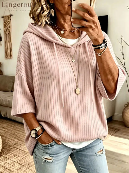 Vertical Rib Knit Drawstring Hooded Elbow Sleeve Casual Knit Top - Pink / S