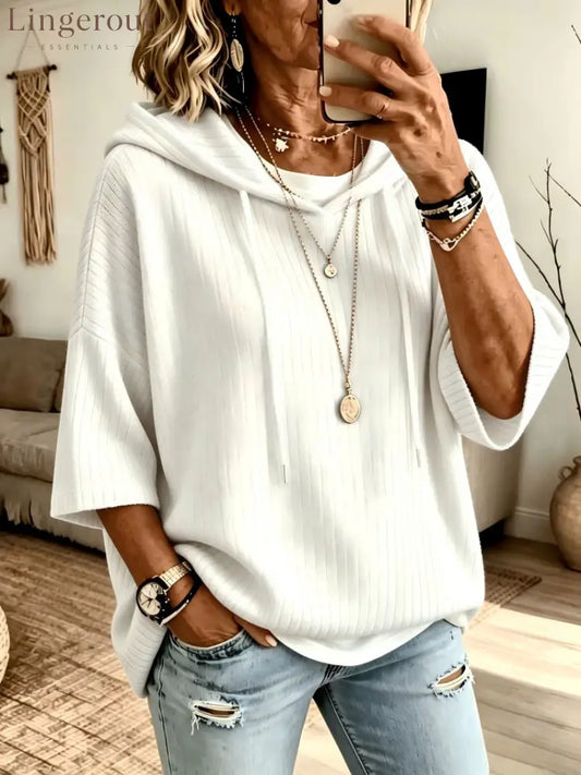 Vertical Rib Knit Drawstring Hooded Elbow Sleeve Casual Knit Top - White / S