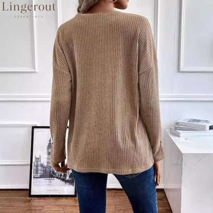 Vertical Rib Knit Henley Half Button Drop Shoulder Long Sleeve Casual Top