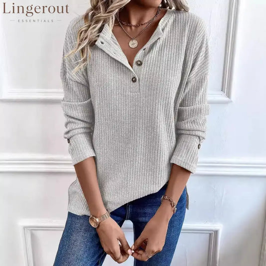Vertical Rib Knit Henley Half Button Drop Shoulder Long Sleeve Casual Top