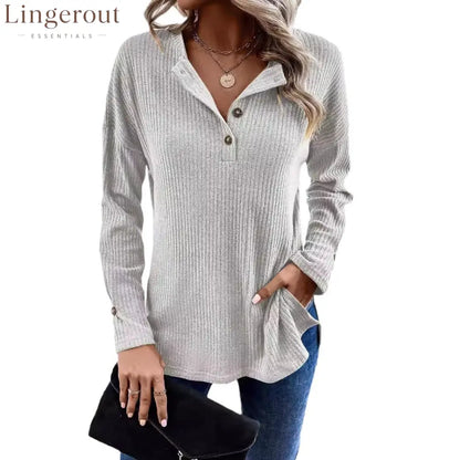 Vertical Rib Knit Henley Half Button Drop Shoulder Long Sleeve Casual Top