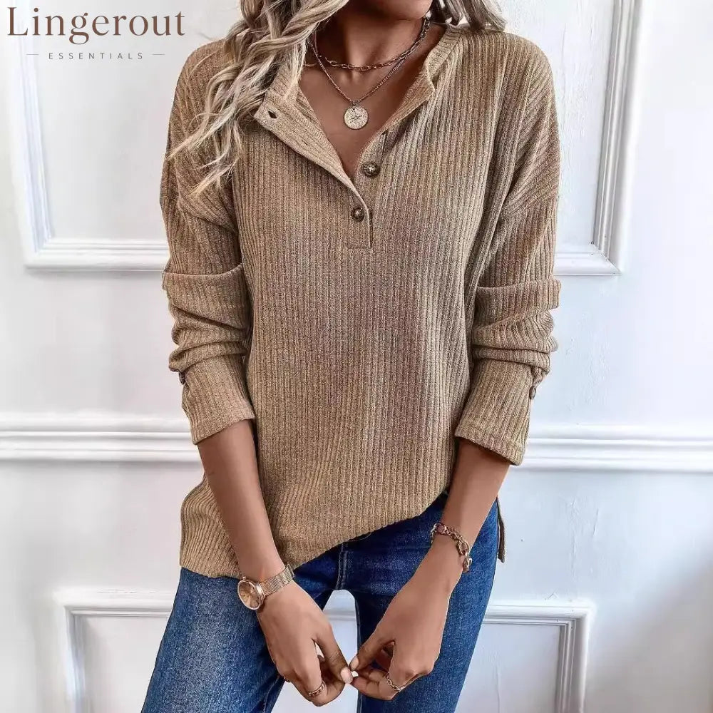 Vertical Rib Knit Henley Half Button Drop Shoulder Long Sleeve Casual Top