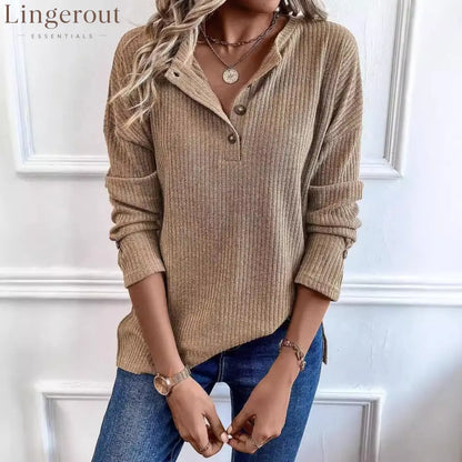 Vertical Rib Knit Henley Half Button Drop Shoulder Long Sleeve Casual Top
