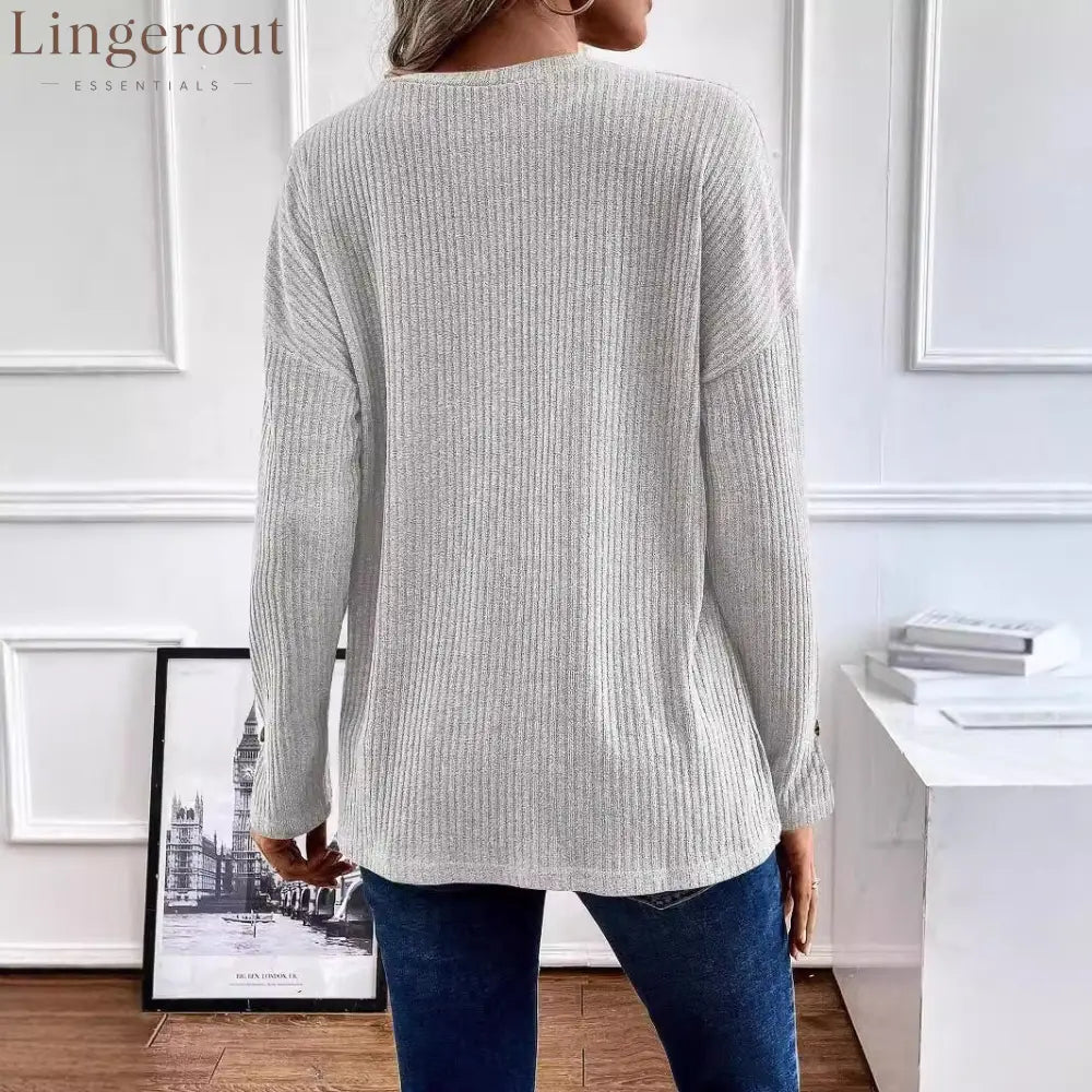 Vertical Rib Knit Henley Half Button Drop Shoulder Long Sleeve Casual Top
