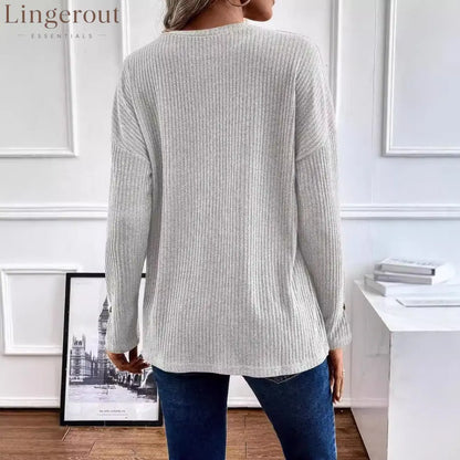 Vertical Rib Knit Henley Half Button Drop Shoulder Long Sleeve Casual Top