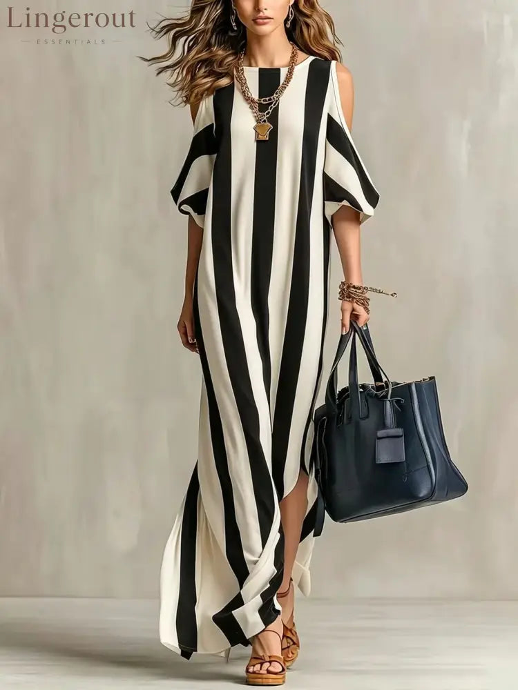 Vertical Stripe Cold Shoulder Split Maxi Shift Dress - Black / S