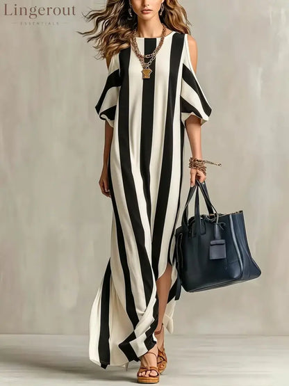 Vertical Stripe Cold Shoulder Split Maxi Shift Dress - Black / S