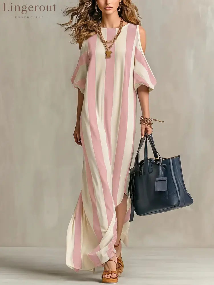 Vertical Stripe Cold Shoulder Split Maxi Shift Dress - Pink / S