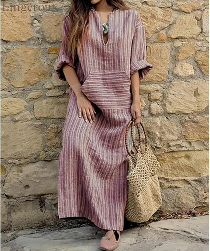 Vertical Stripe Linen Notch V-Neck Midi Tunic Dress - Date red / S