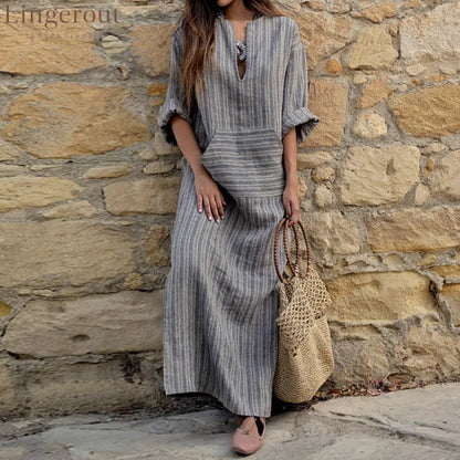 Vertical Stripe Linen Notch V-Neck Midi Tunic Dress - Grey / S