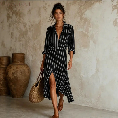 Vertical Stripe Linen Shirt Asymmetrical High Low Midi Dress