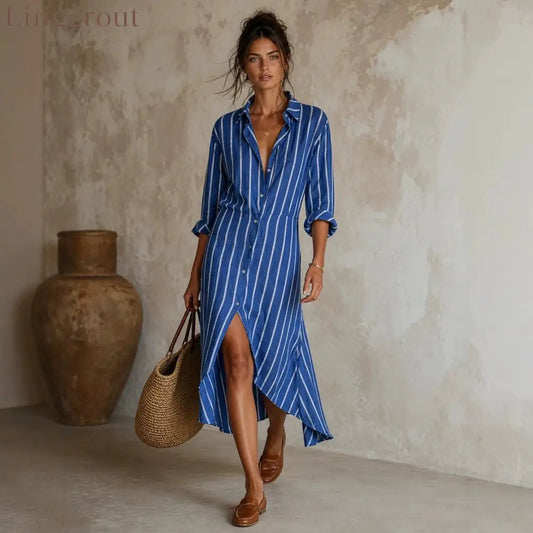 Vertical Stripe Linen Shirt Asymmetrical High Low Midi Dress
