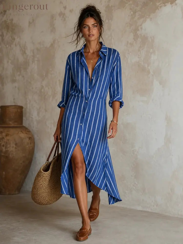 Vertical Stripe Linen Shirt Asymmetrical High Low Midi Dress - Blue / S