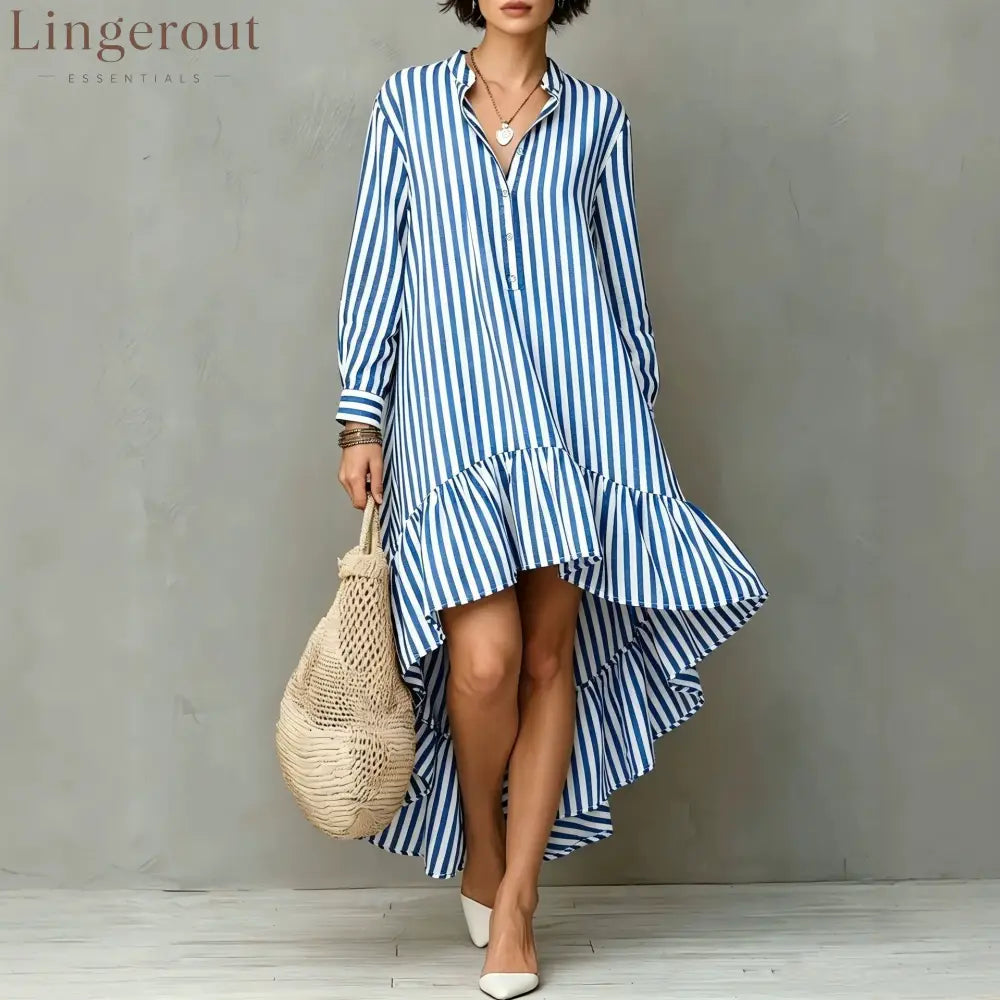 Vertical Stripe Long Sleeve Hi-Lo Ruffle Hem Shirt Midi Dress