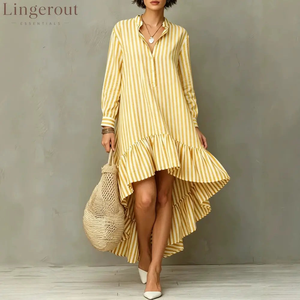Vertical Stripe Long Sleeve Hi-Lo Ruffle Hem Shirt Midi Dress
