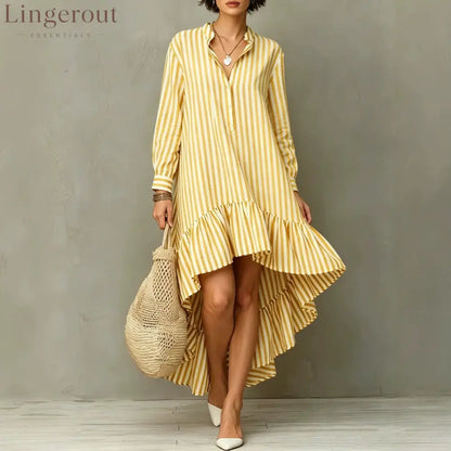 Vertical Stripe Long Sleeve Hi-Lo Ruffle Hem Shirt Midi Dress