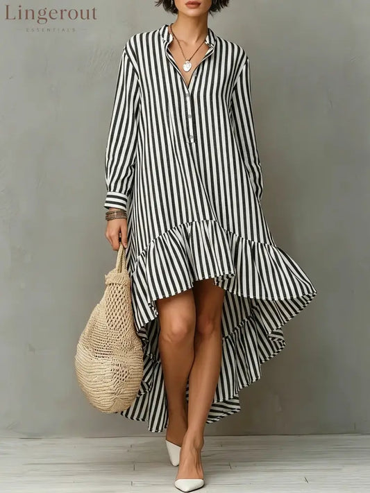 Vertical Stripe Long Sleeve Hi-Lo Ruffle Hem Shirt Midi Dress - Black / S
