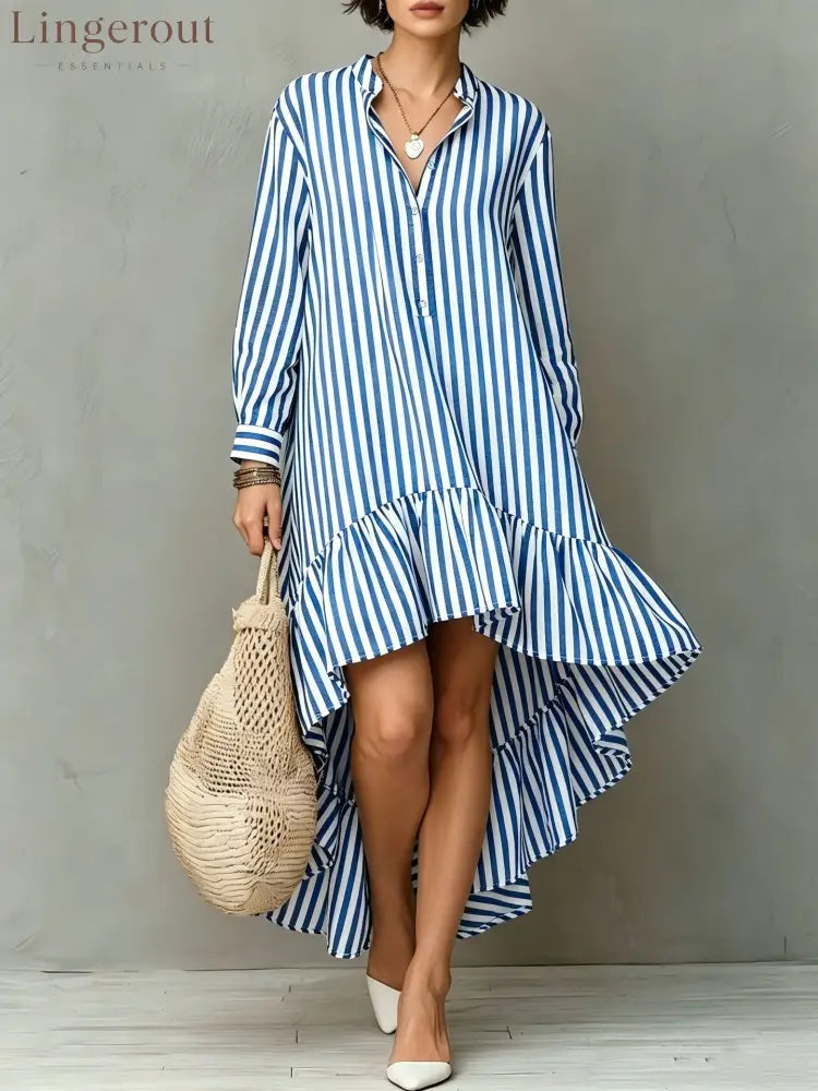 Vertical Stripe Long Sleeve Hi-Lo Ruffle Hem Shirt Midi Dress - Blue / S