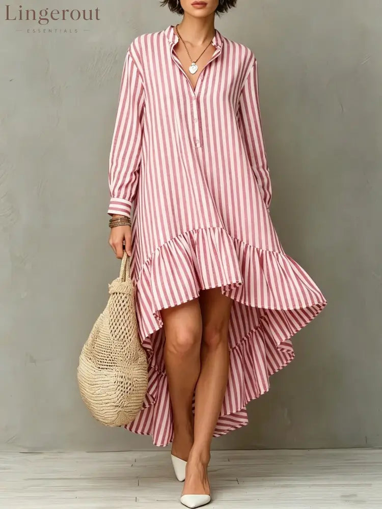 Vertical Stripe Long Sleeve Hi-Lo Ruffle Hem Shirt Midi Dress - Pink / S