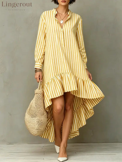 Vertical Stripe Long Sleeve Hi-Lo Ruffle Hem Shirt Midi Dress - Yellow / S