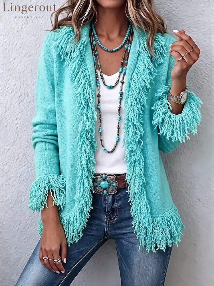 Vibrant Chartreuse Boho Fringe Cardigan - Blue / S