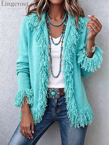 Vibrant Chartreuse Boho Fringe Cardigan - Blue / S