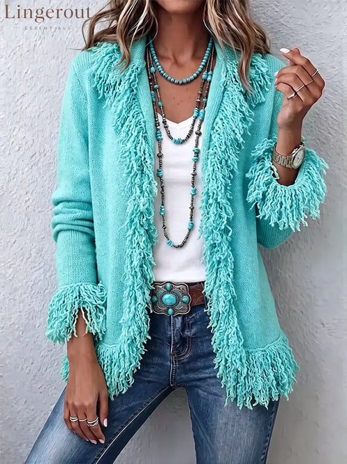 Vibrant Chartreuse Boho Fringe Cardigan - Blue / S