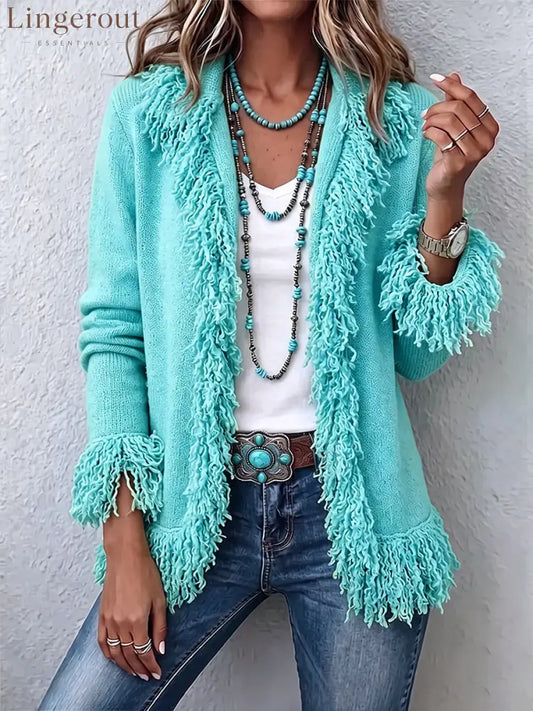Vibrant Chartreuse Boho Fringe Cardigan - Blue / S