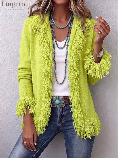 Vibrant Chartreuse Boho Fringe Cardigan - Green / S