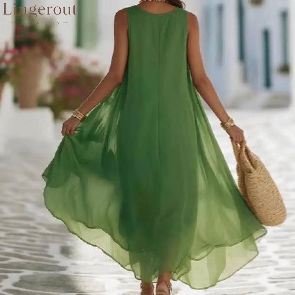 Vibrant Green Crochet Lace Halter Sheer Chiffon Flow Maxi Kaftan Dress