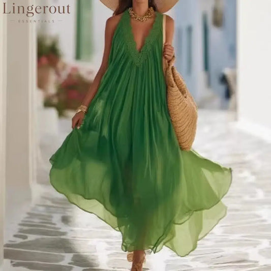 Vibrant Green Crochet Lace Halter Sheer Chiffon Flow Maxi Kaftan Dress