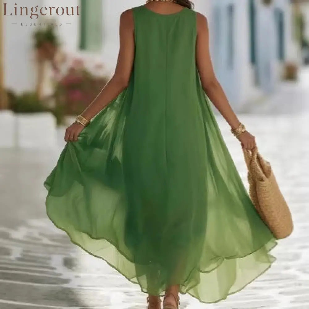 Vibrant Green Crochet Lace Halter Sheer Chiffon Flow Maxi Kaftan Dress