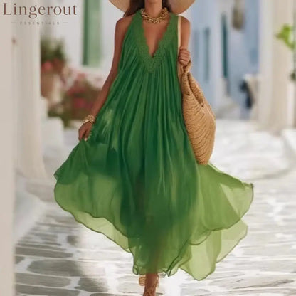 Vibrant Green Crochet Lace Halter Sheer Chiffon Flow Maxi Kaftan Dress