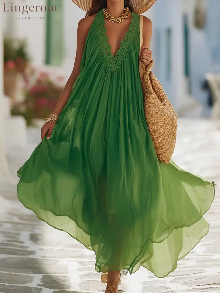 Vibrant Green Crochet Lace Halter Sheer Chiffon Flow Maxi Kaftan Dress - Green / S