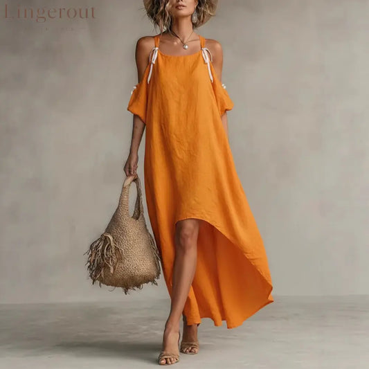 Vibrant Orange Cold-Shoulder High-Low Maxi Dress