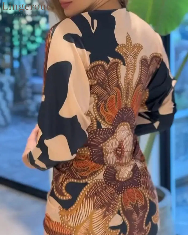 Vintage Baroque Deep V Neck Long Sleeve Slit Bodycon Dress Ruched Slim Fit Vacation Dress