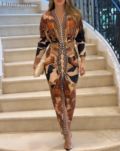 Vintage Baroque Deep V Neck Long Sleeve Slit Bodycon Dress Ruched Slim Fit Vacation Dress
