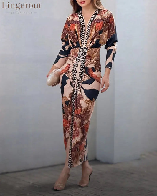 Vintage Baroque Deep V Neck Long Sleeve Slit Bodycon Dress Ruched Slim Fit Vacation Dress - Brown / S