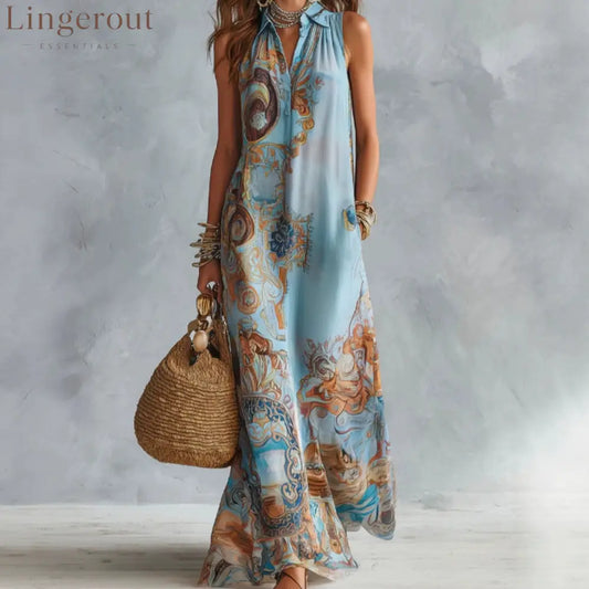 Vintage Baroque Print Sleeveless Maxi Shirt Dress