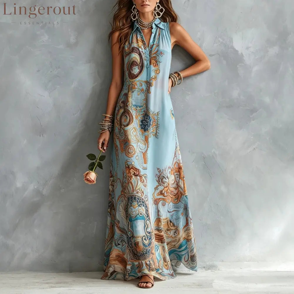 Vintage Baroque Print Sleeveless Maxi Shirt Dress