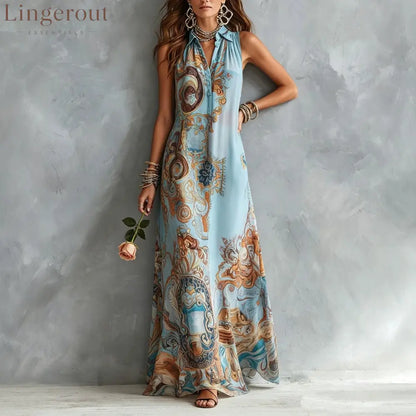 Vintage Baroque Print Sleeveless Maxi Shirt Dress