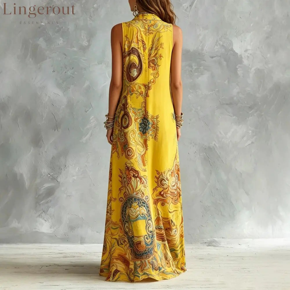Vintage Baroque Print Sleeveless Maxi Shirt Dress