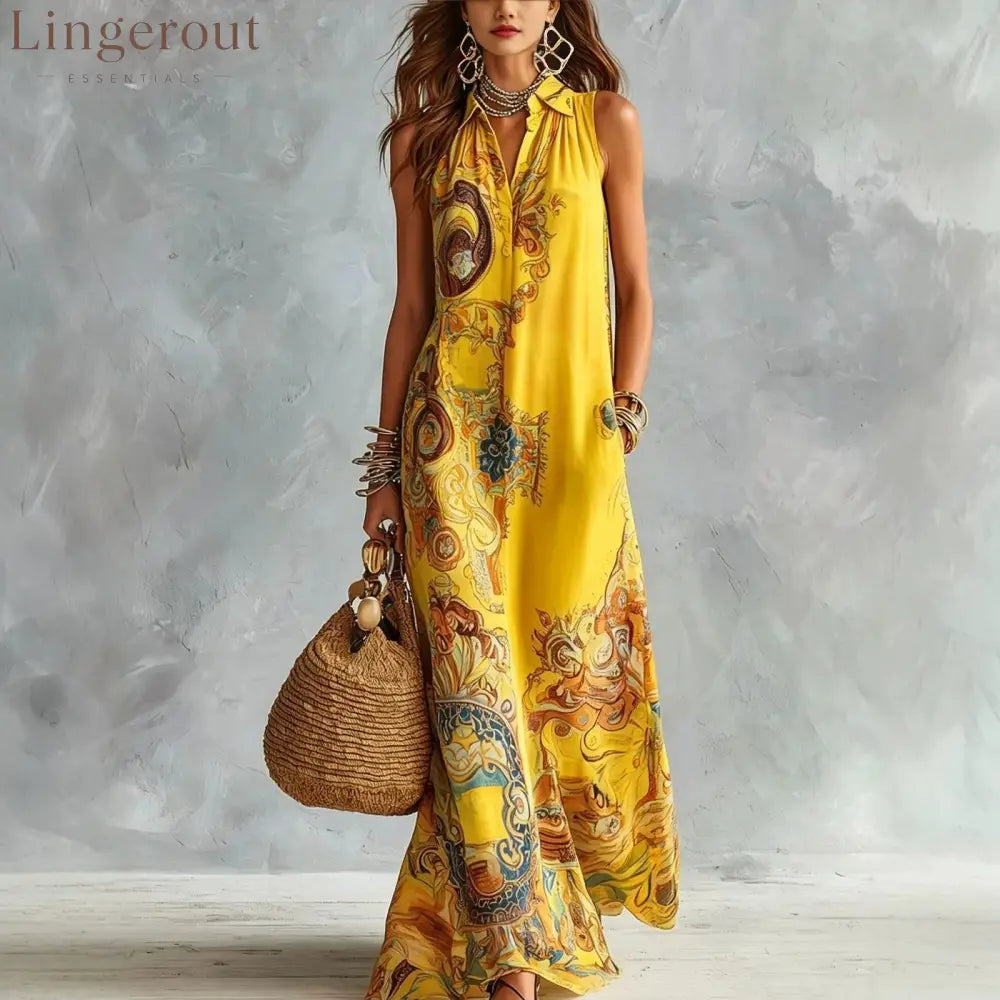 Vintage Baroque Print Sleeveless Maxi Shirt Dress