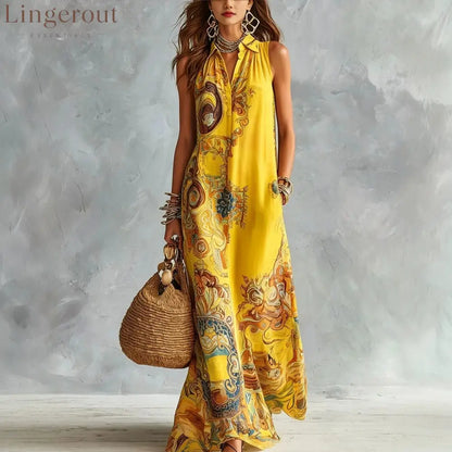 Vintage Baroque Print Sleeveless Maxi Shirt Dress
